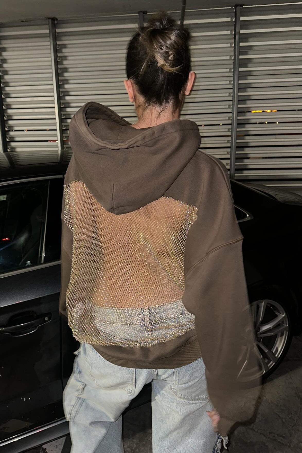 Crystal Mesh Back Hoodie - Brown