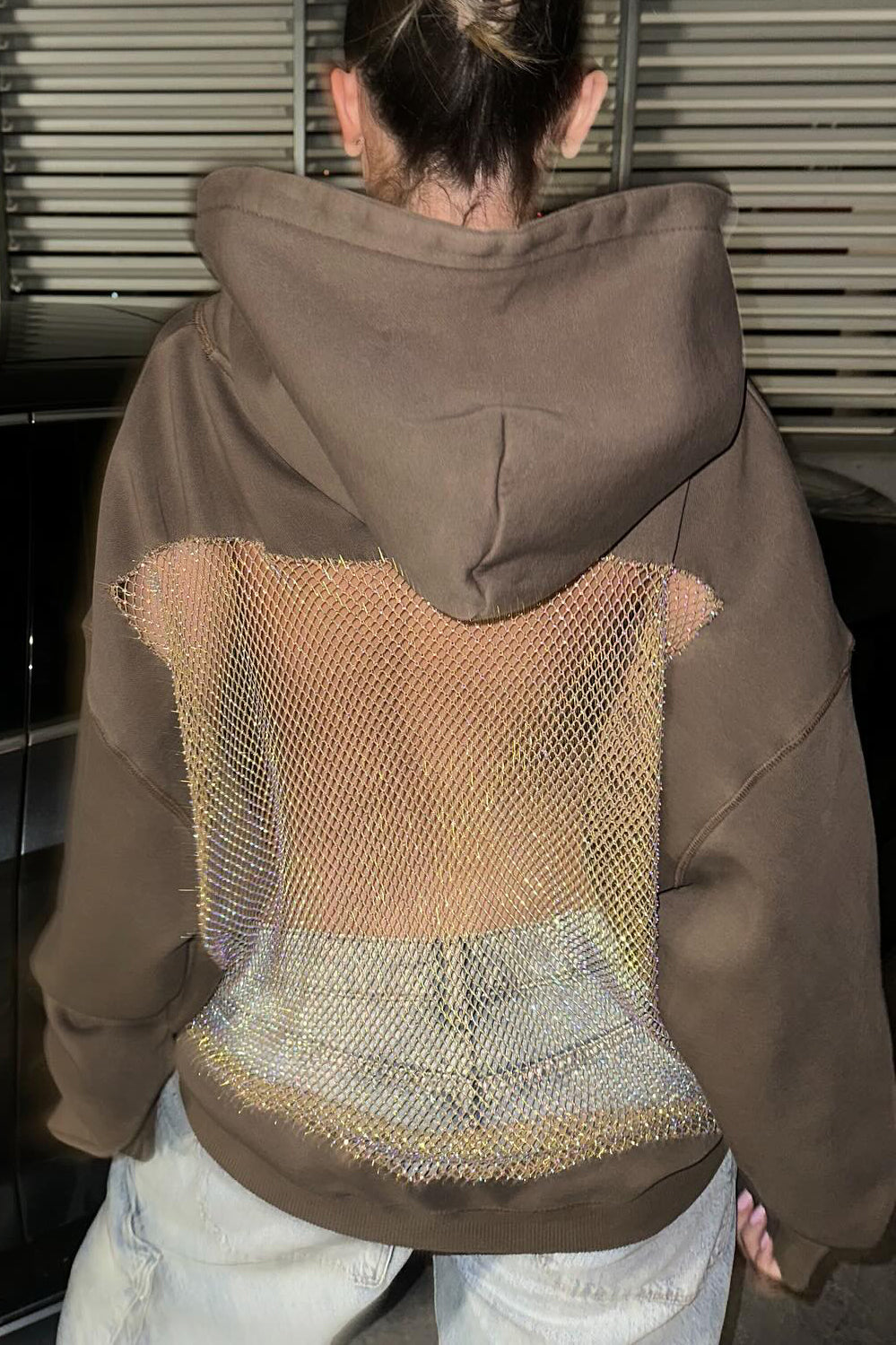 Crystal Mesh Back Hoodie - Brown