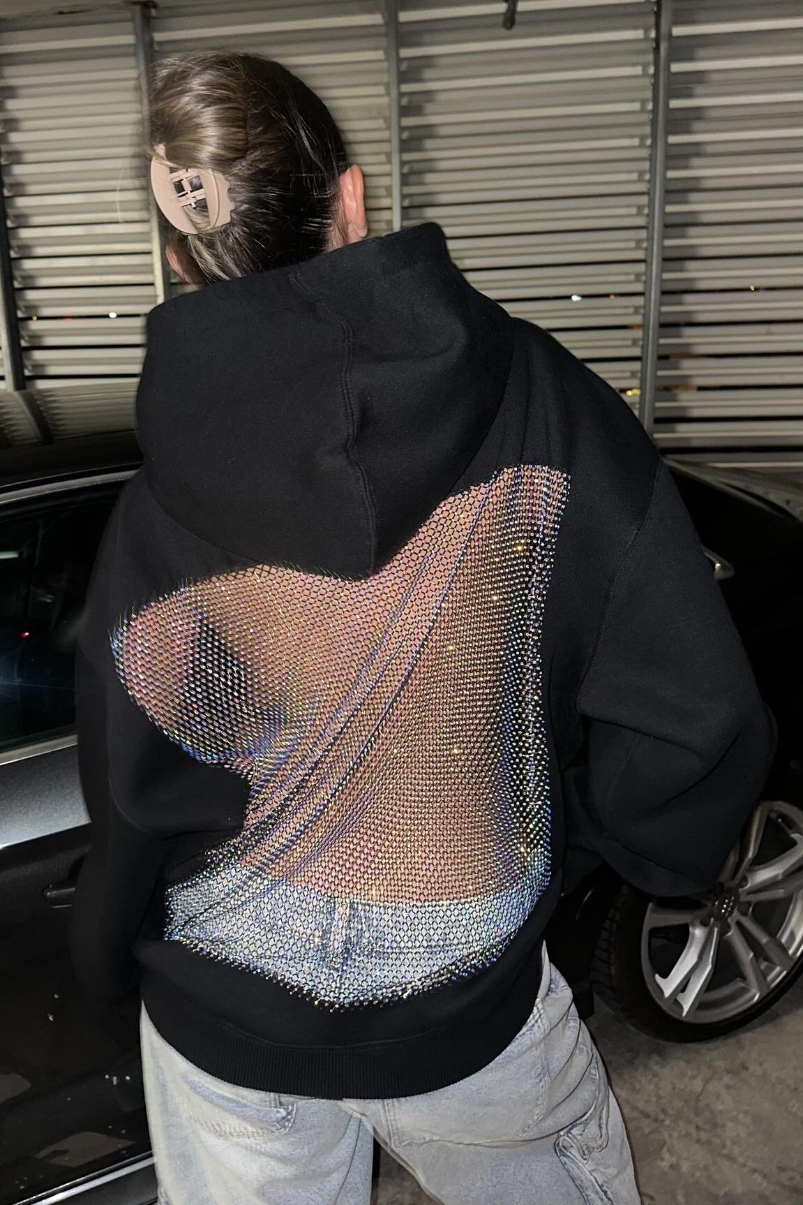 Crystal Mesh Back Hoodie - Black