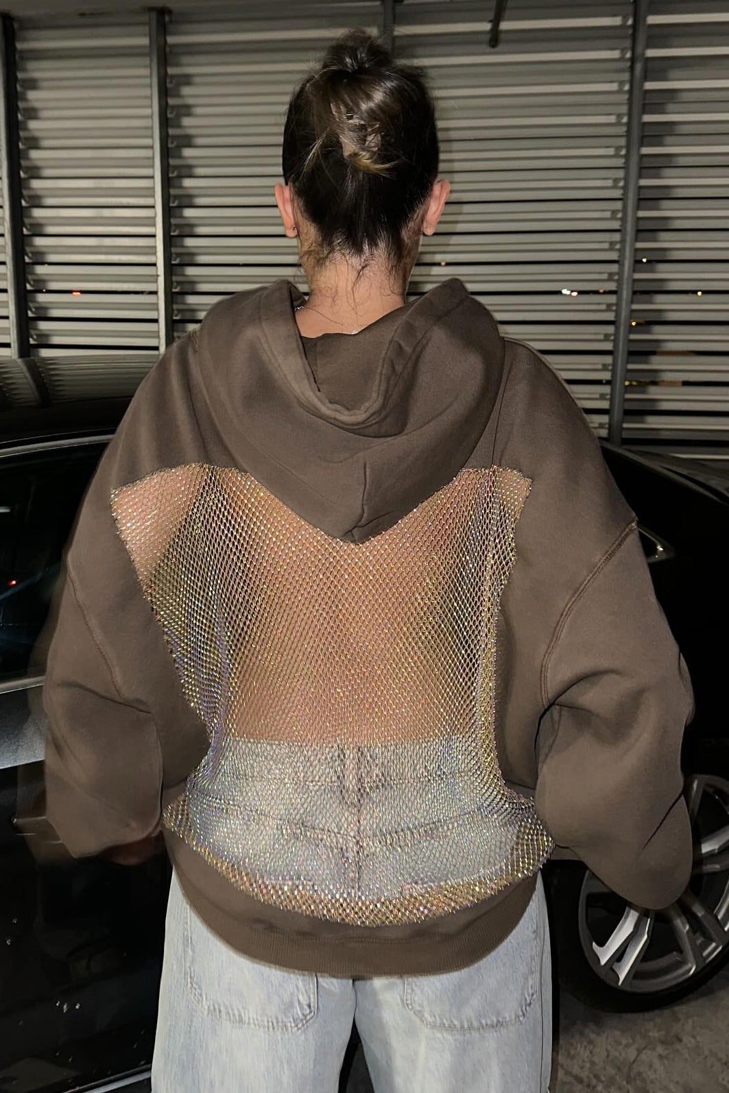 Crystal Mesh Back Hoodie - Brown