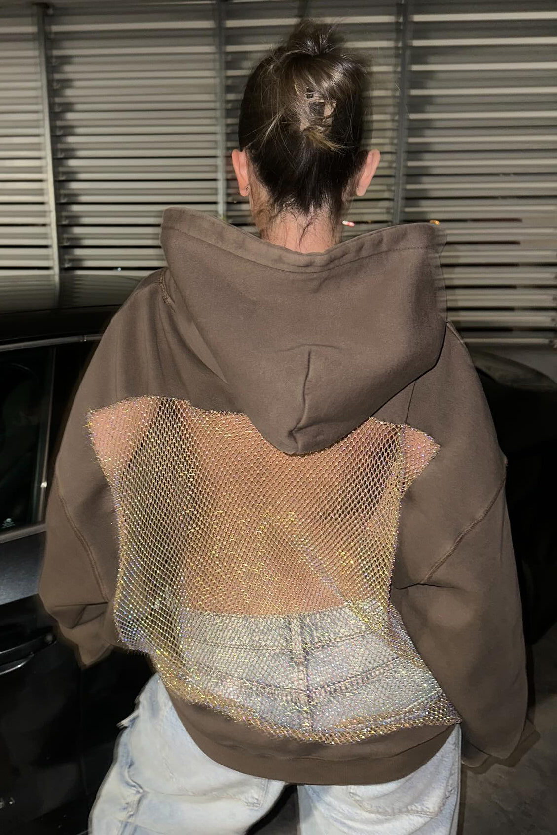 Crystal Mesh Back Hoodie - Brown