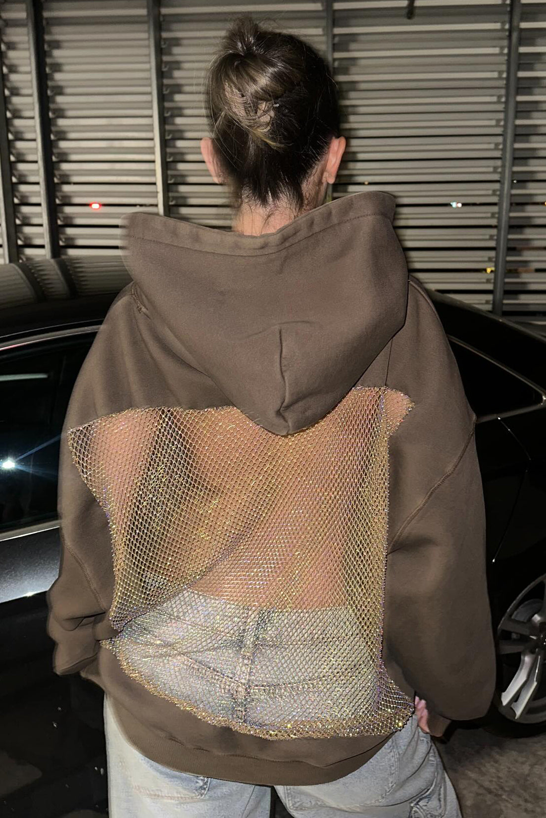 Crystal Mesh Back Hoodie - Brown