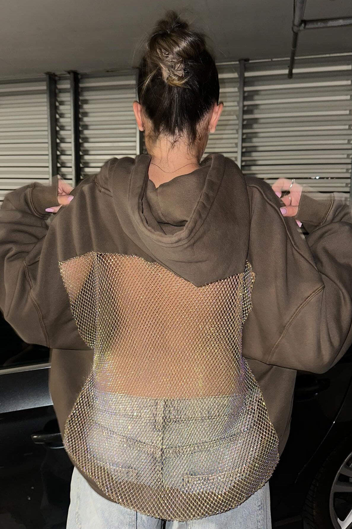 Crystal Mesh Back Hoodie - Brown