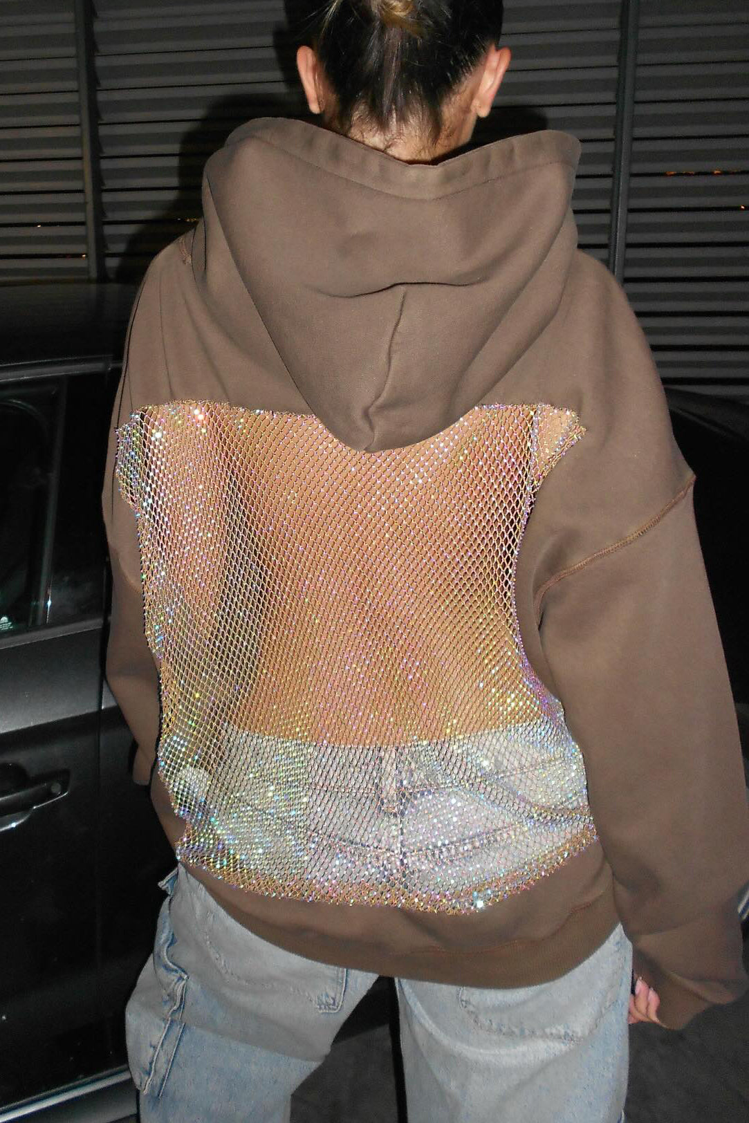 Crystal Mesh Back Hoodie - Brown