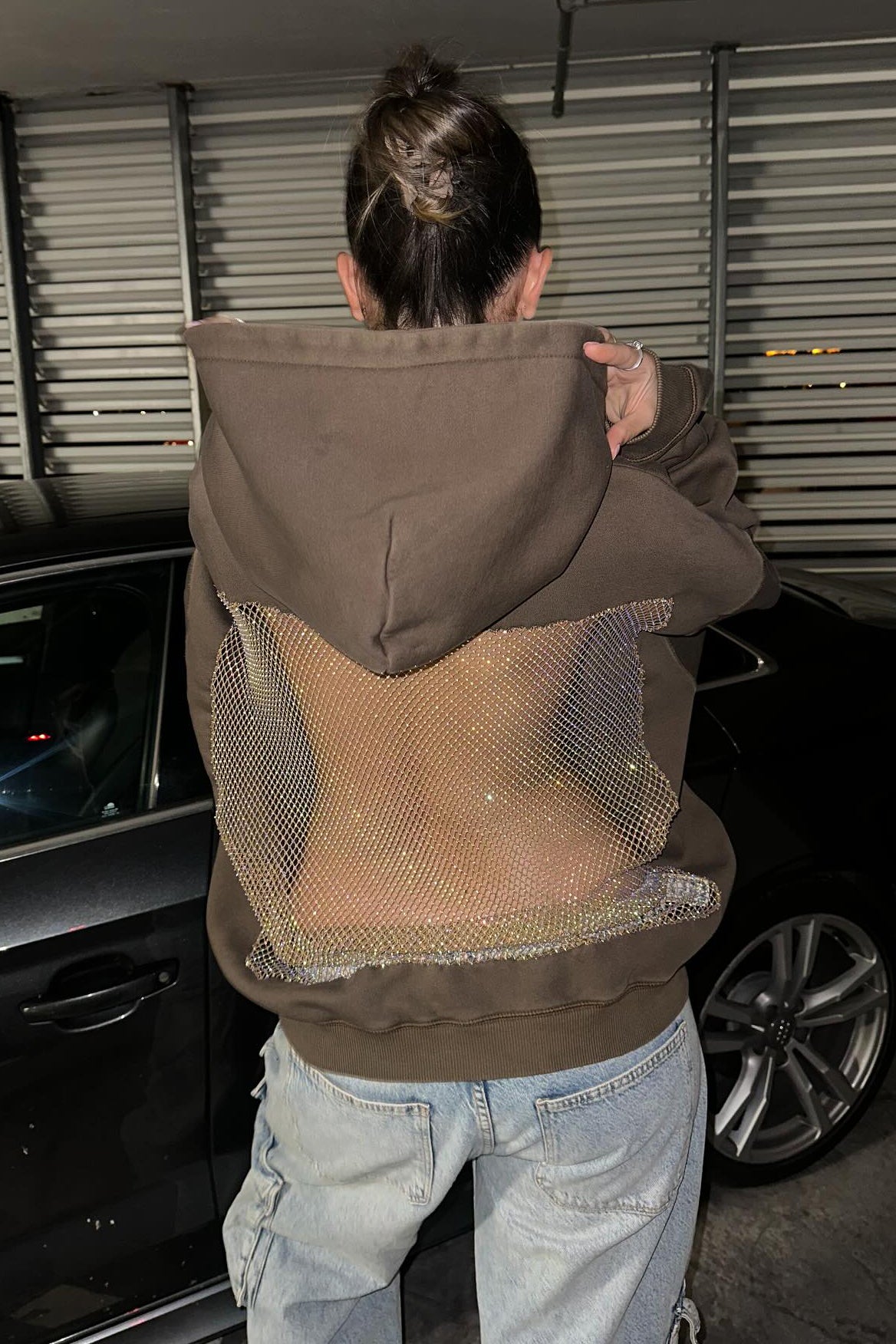 Crystal Mesh Back Hoodie - Brown