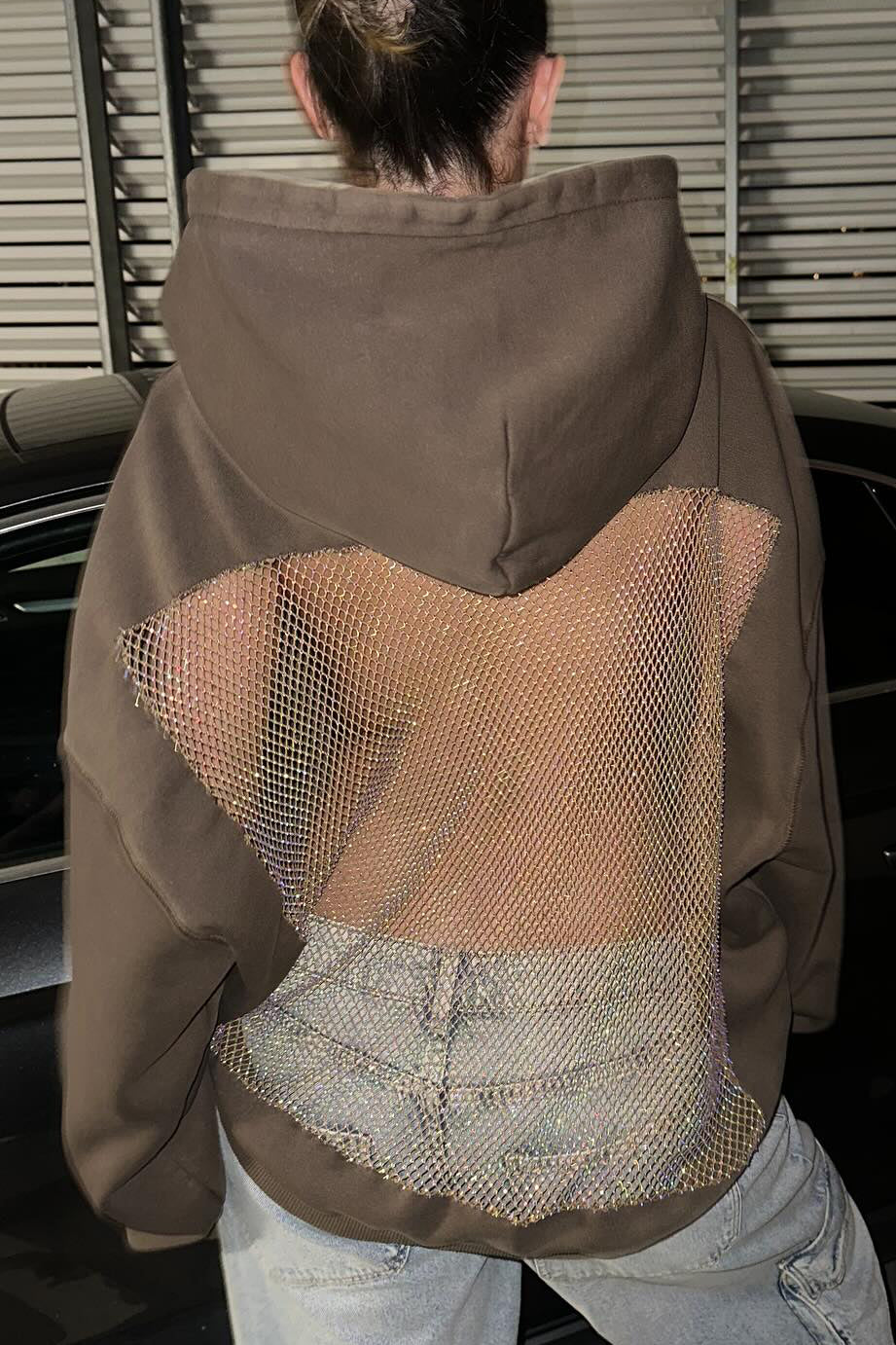 Crystal Mesh Back Hoodie - Brown