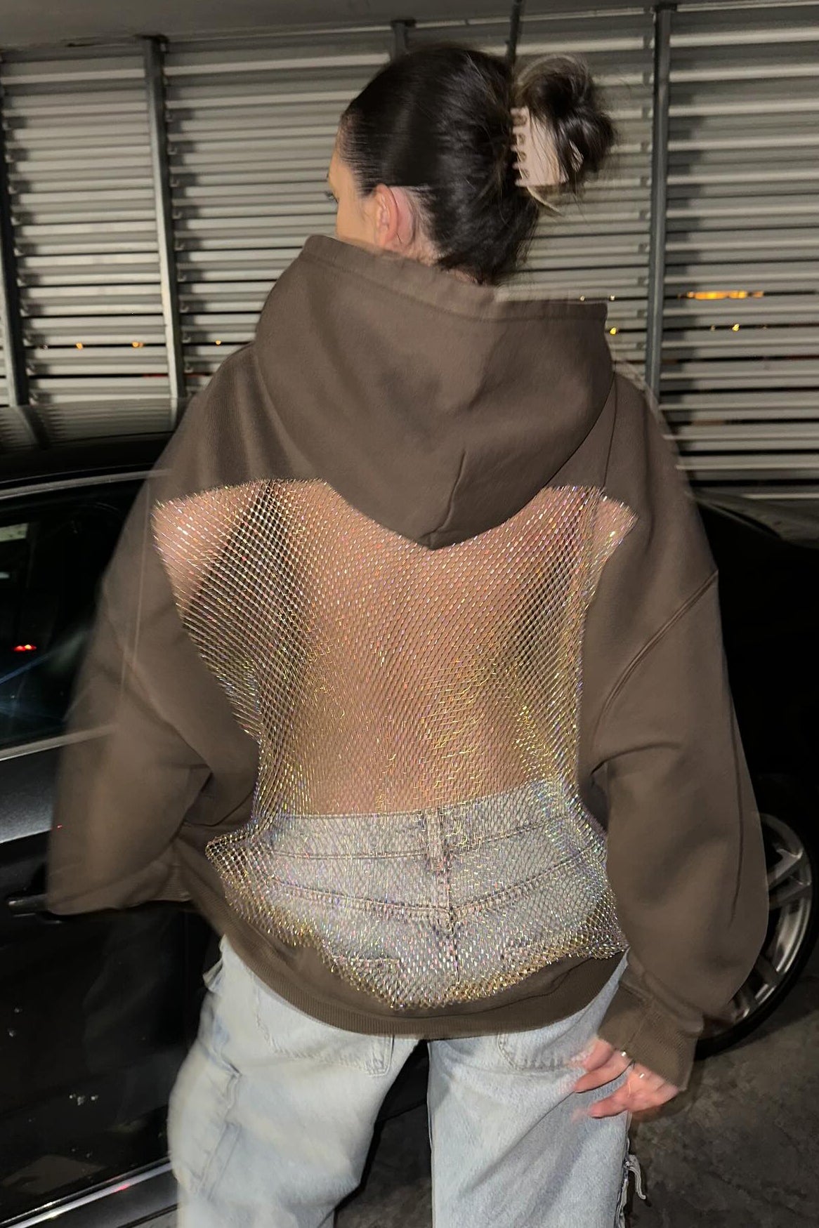 Crystal Mesh Back Hoodie - Brown