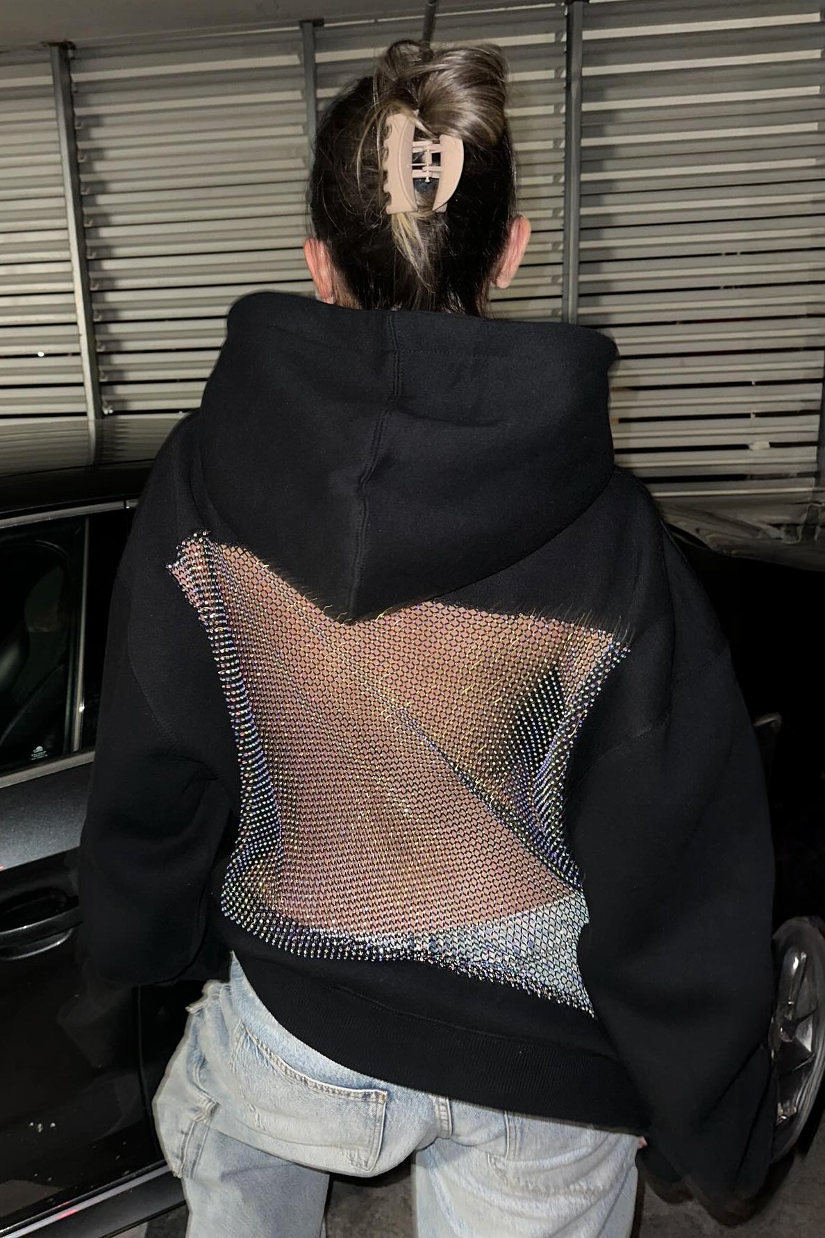 Crystal Mesh Back Hoodie - Black