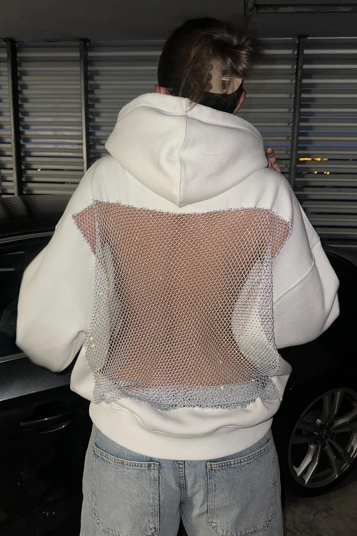 Crystal Mesh Back Hoodie - White