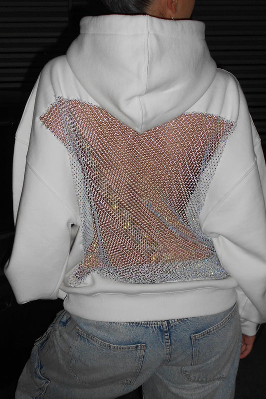 Crystal Mesh Back Hoodie - White