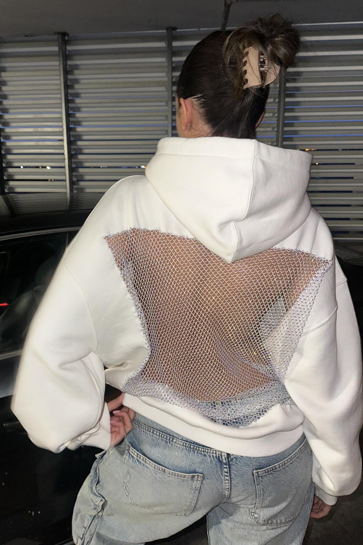 Crystal Mesh Back Hoodie - White