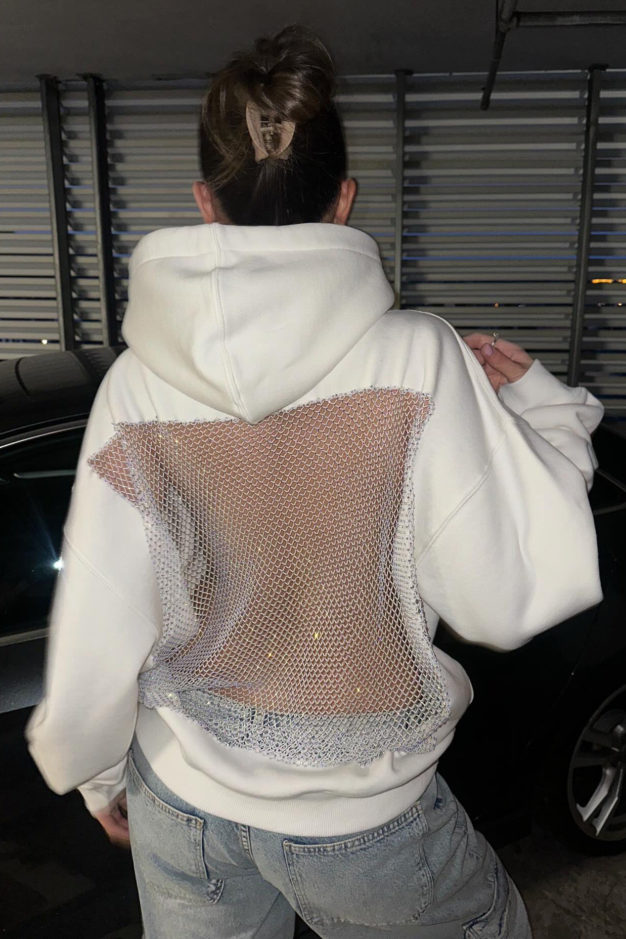 Crystal Mesh Back Hoodie - White
