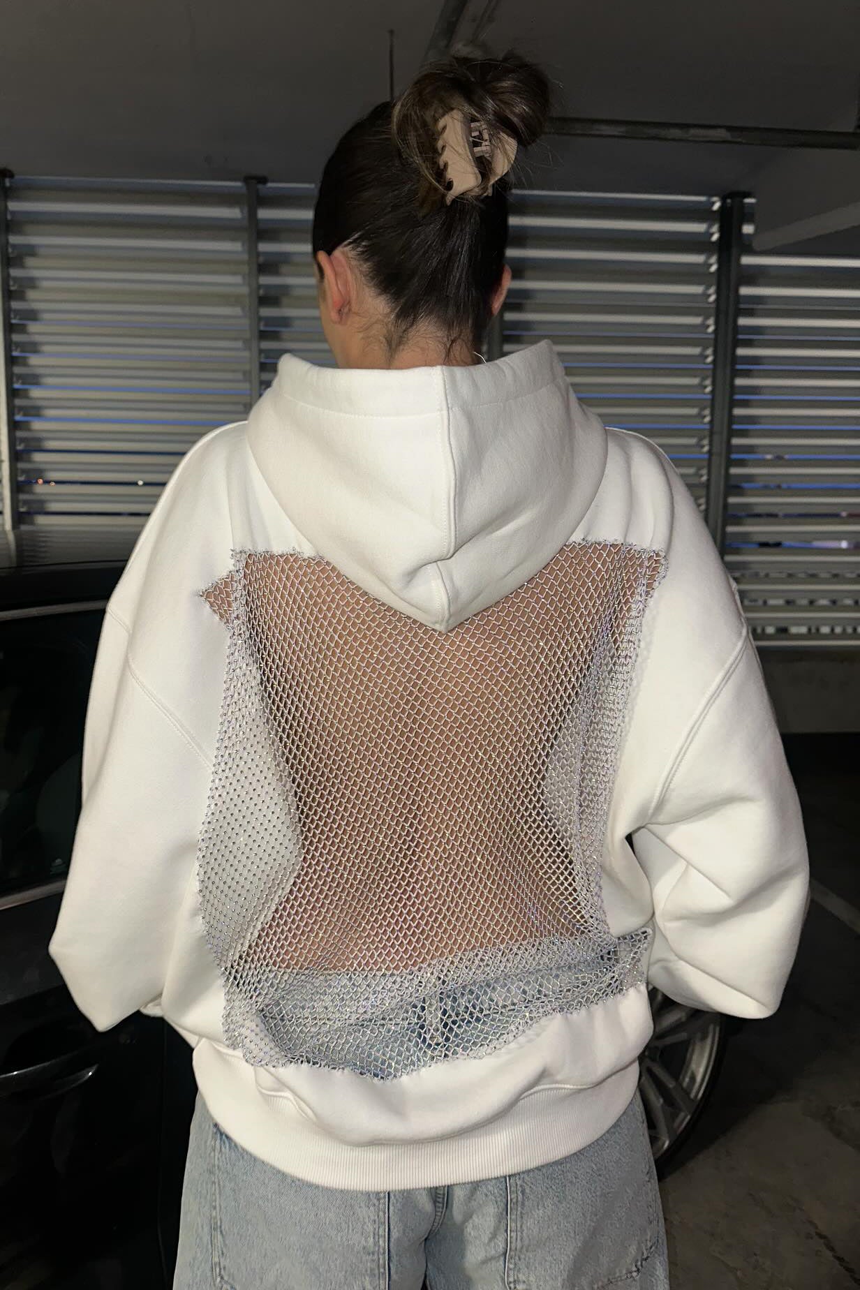 Crystal Mesh Back Hoodie - White