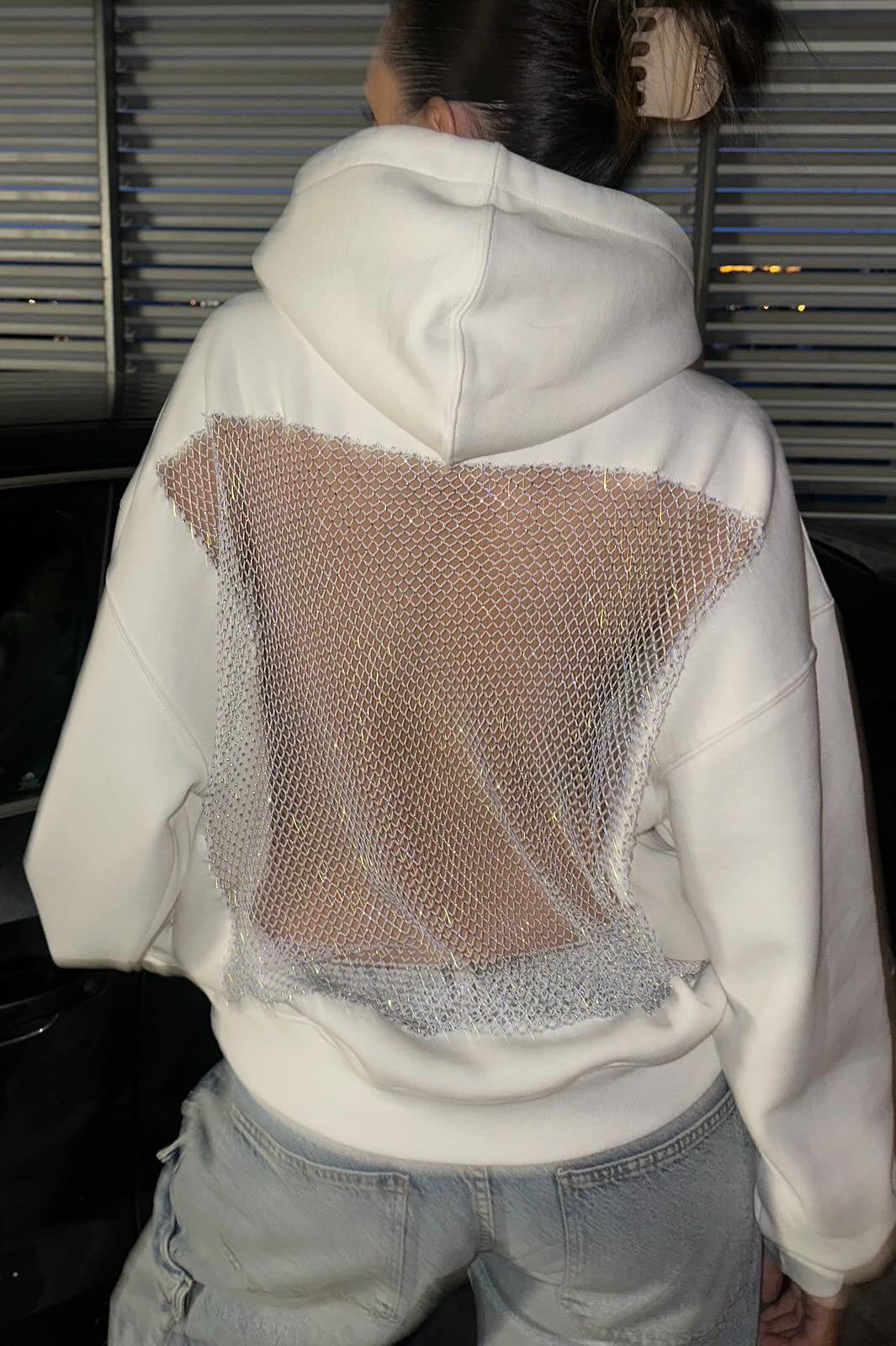 Crystal Mesh Back Hoodie - White