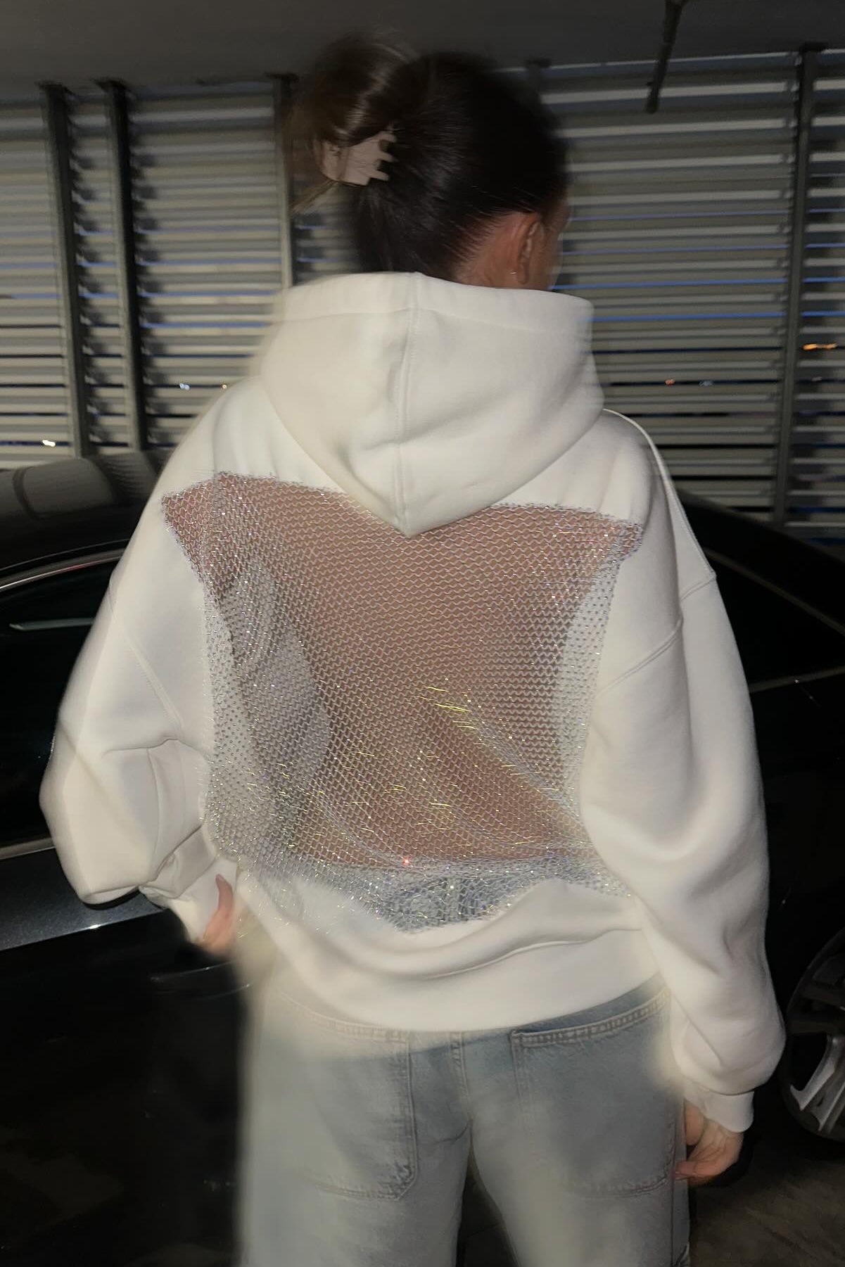 Crystal Mesh Back Hoodie - White