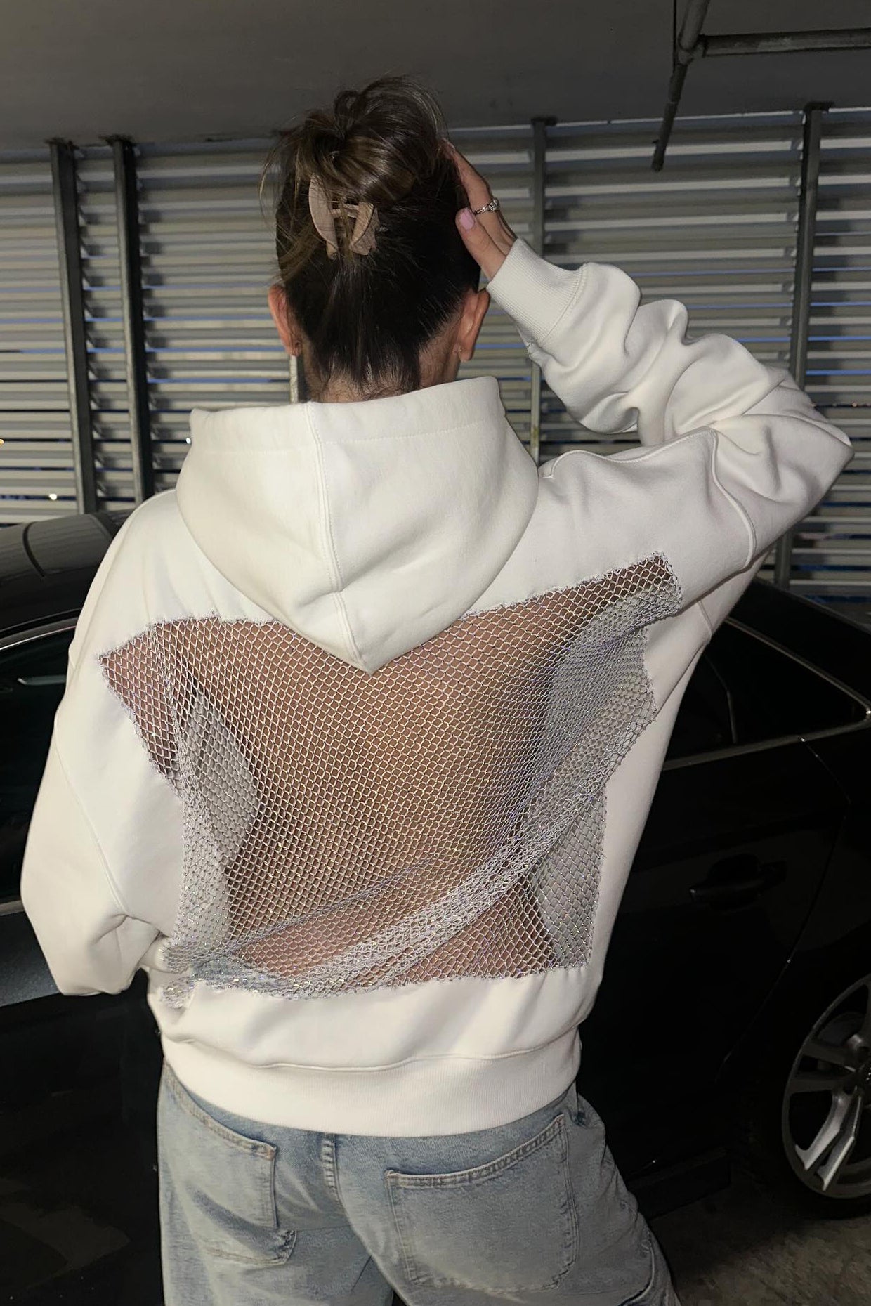 Crystal Mesh Back Hoodie - White