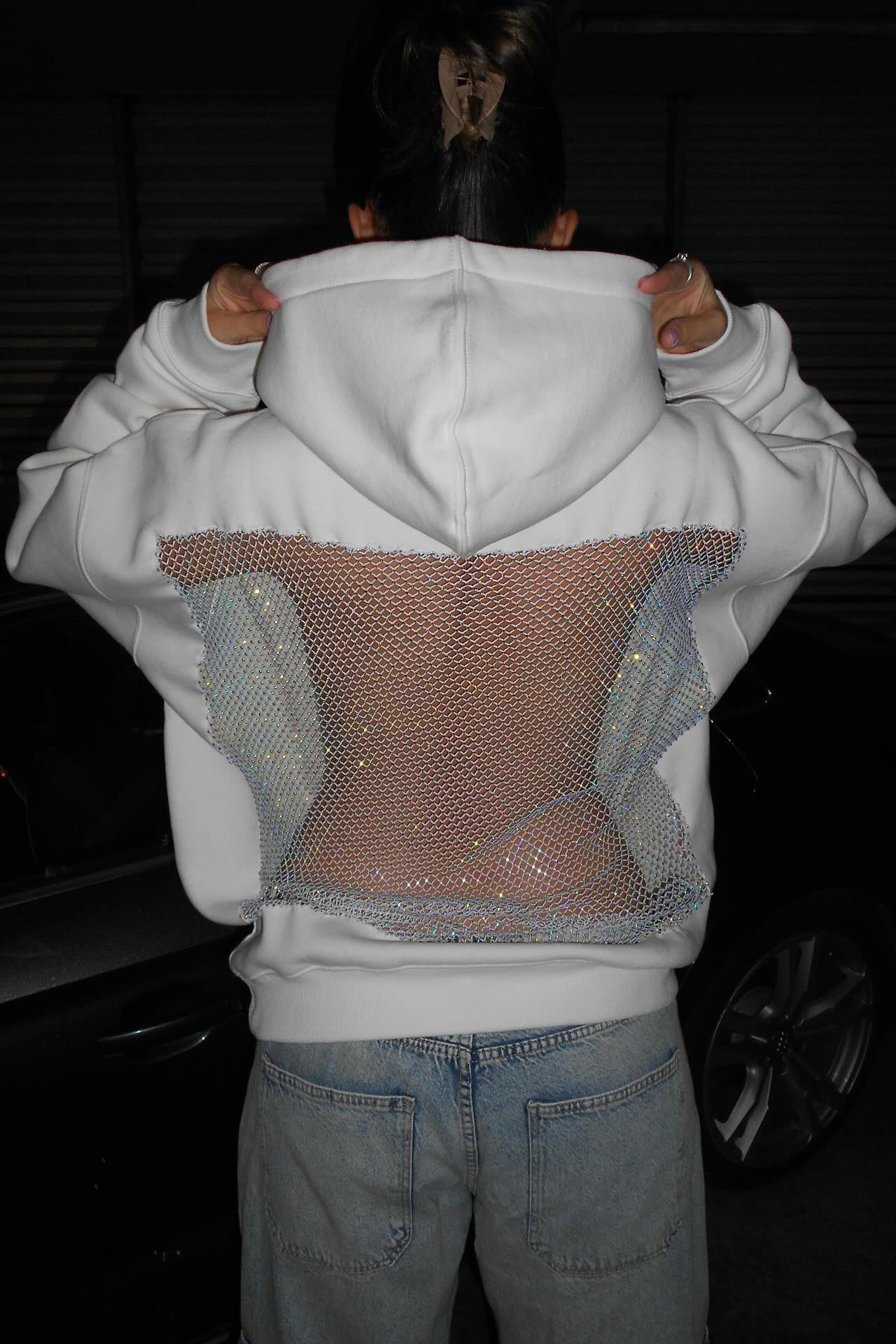 Crystal Mesh Back Hoodie - White