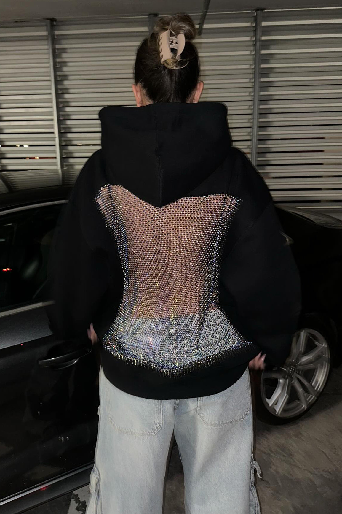 Crystal Mesh Back Hoodie - Black