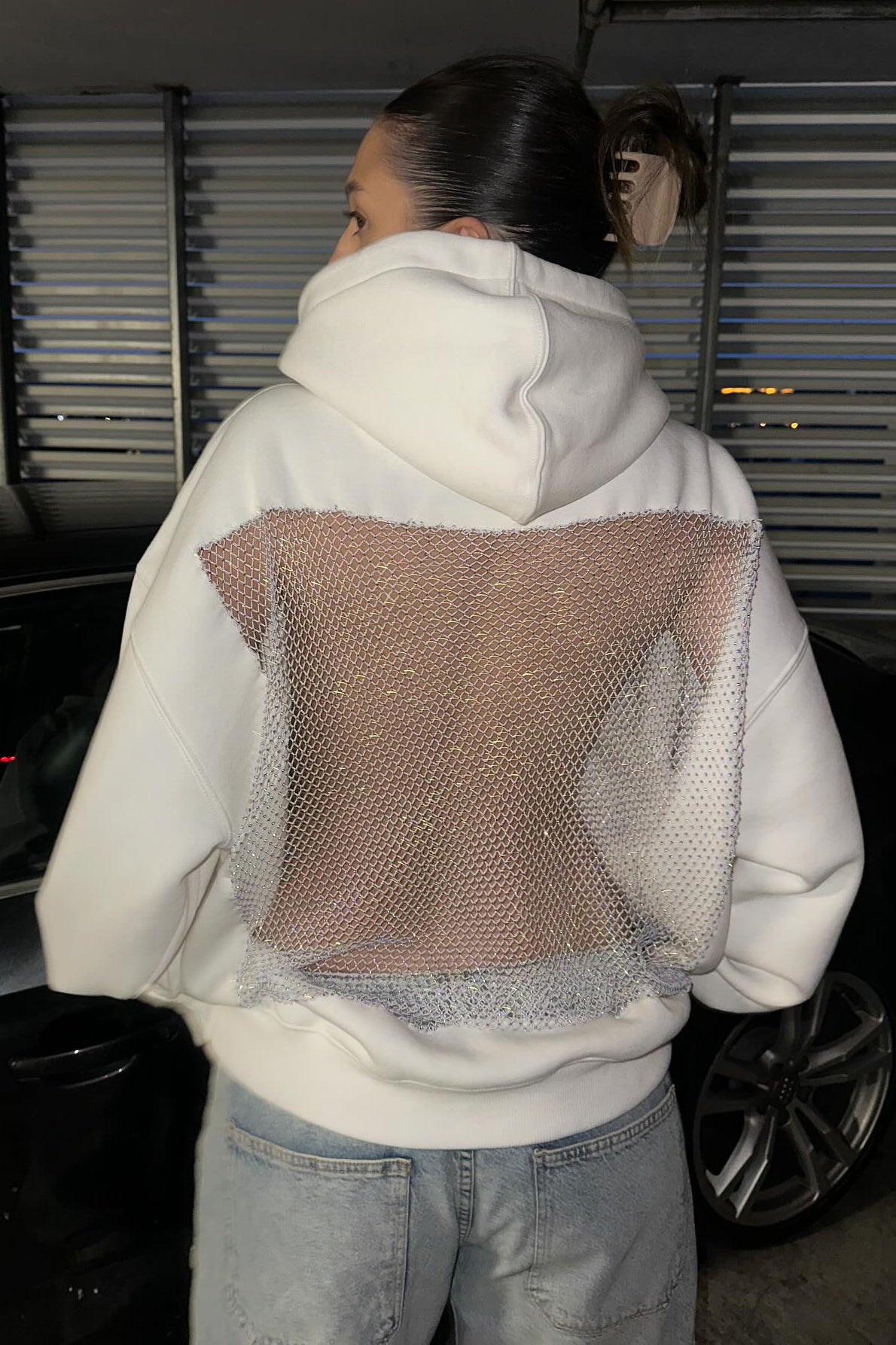 Crystal Mesh Back Hoodie - White