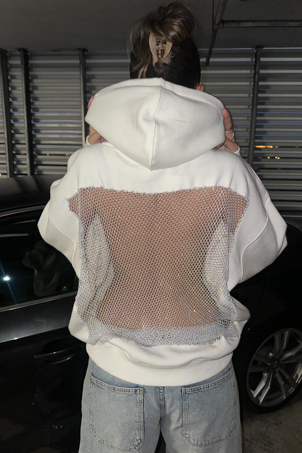 Crystal Mesh Back Hoodie - White
