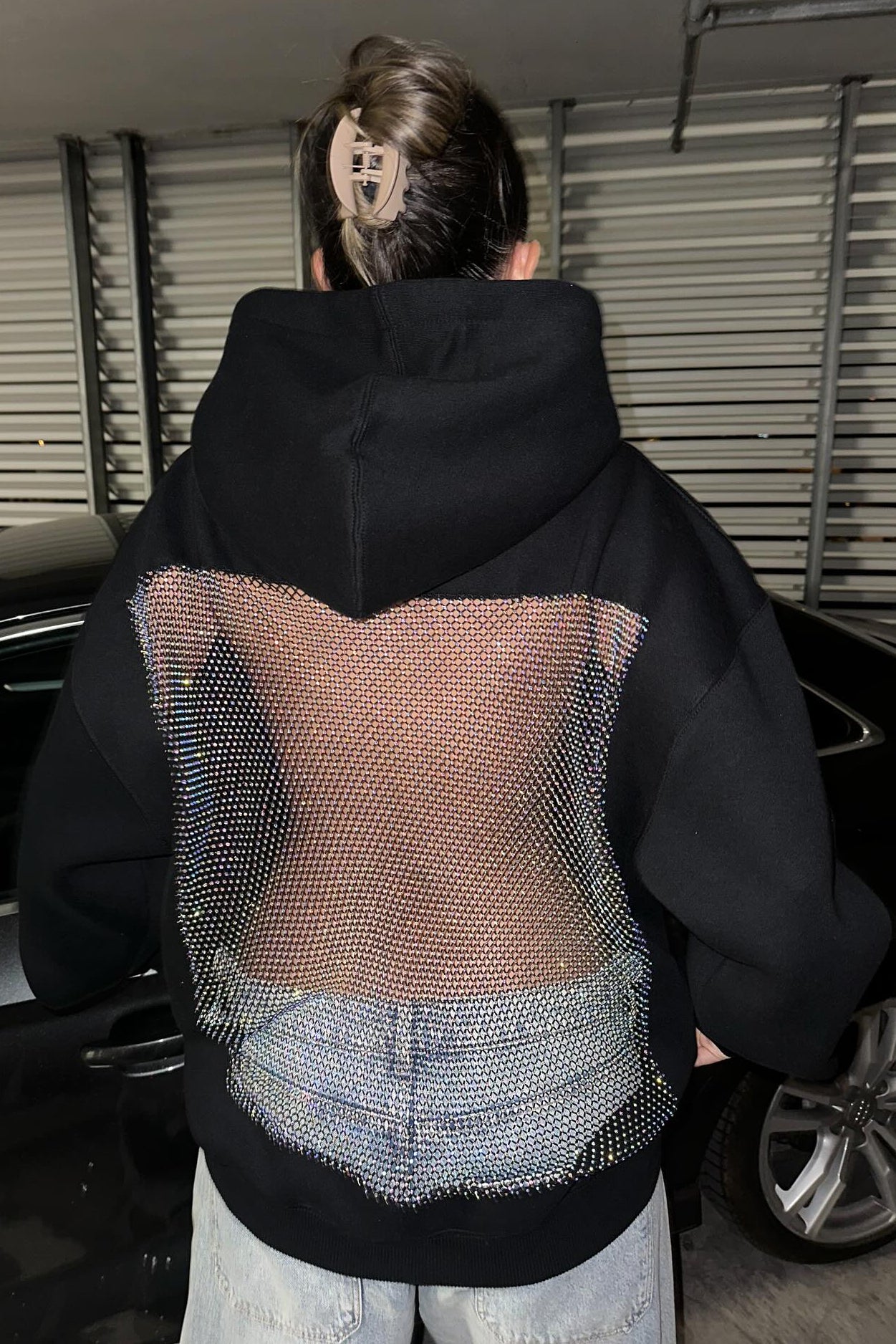 Crystal Mesh Back Hoodie - Black