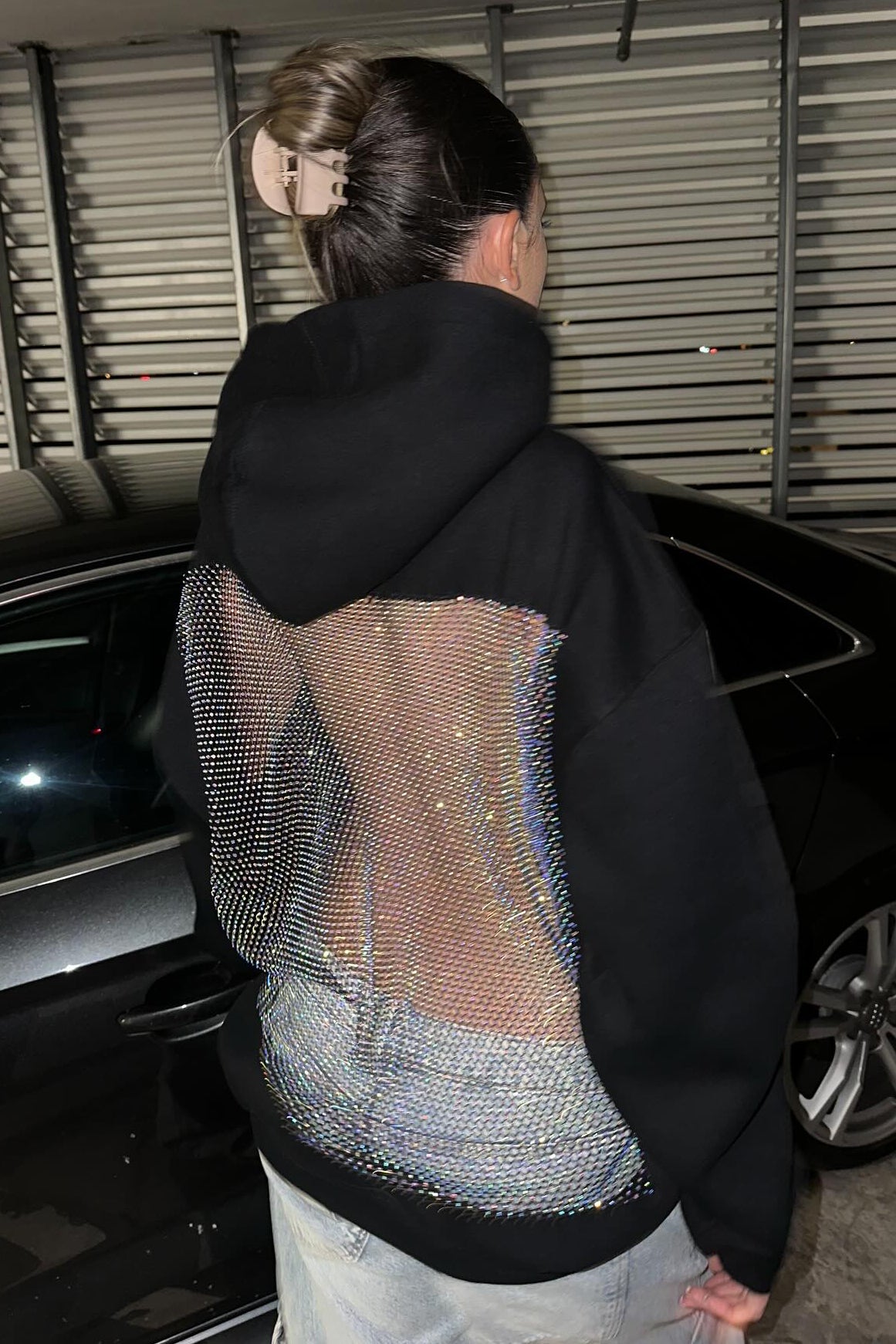 Crystal Mesh Back Hoodie - Black