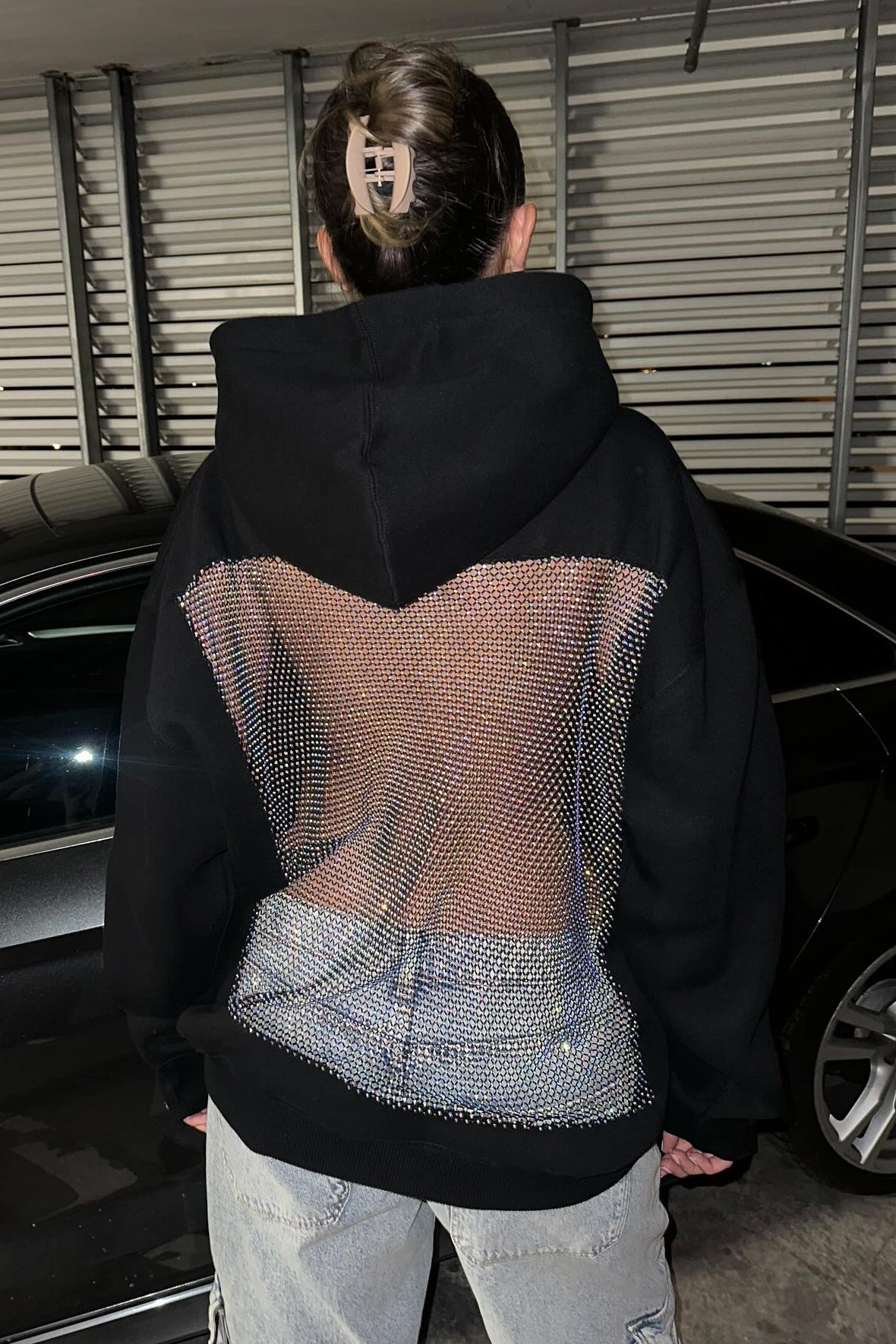 Crystal Mesh Back Hoodie - Black