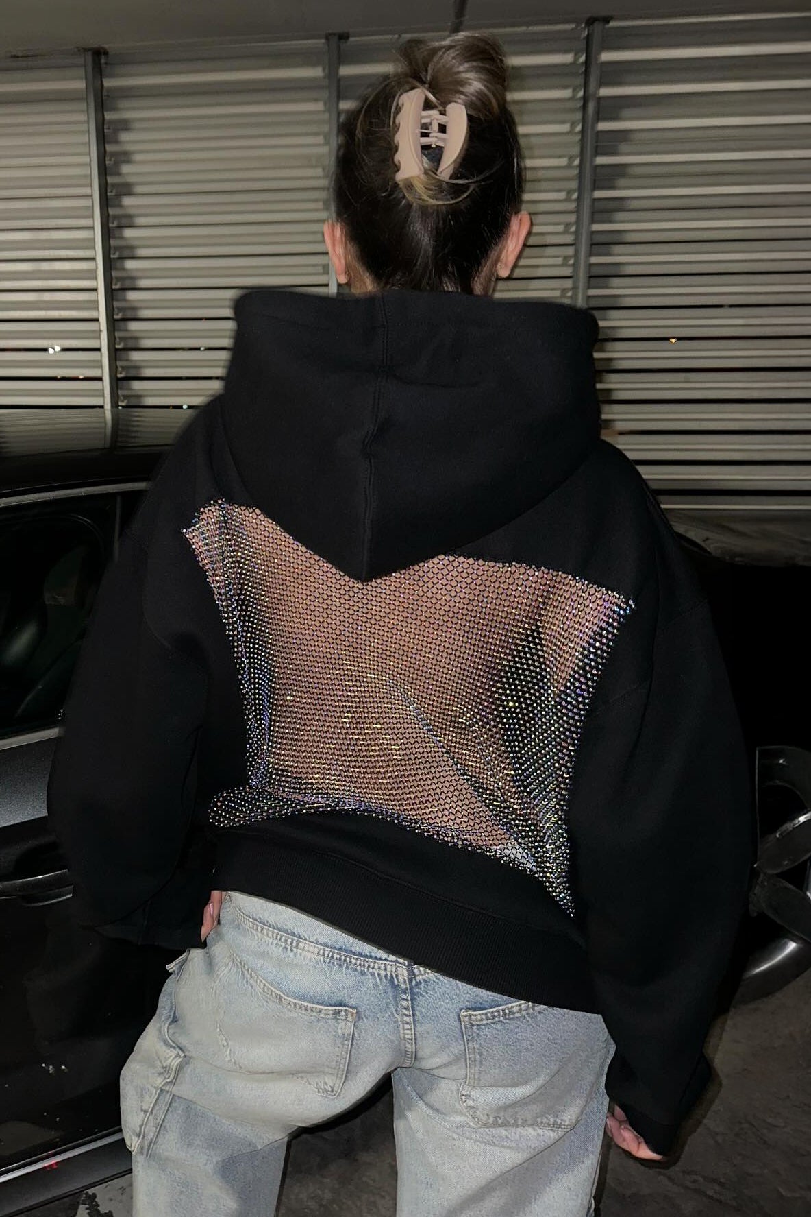 Crystal Mesh Back Hoodie - Black