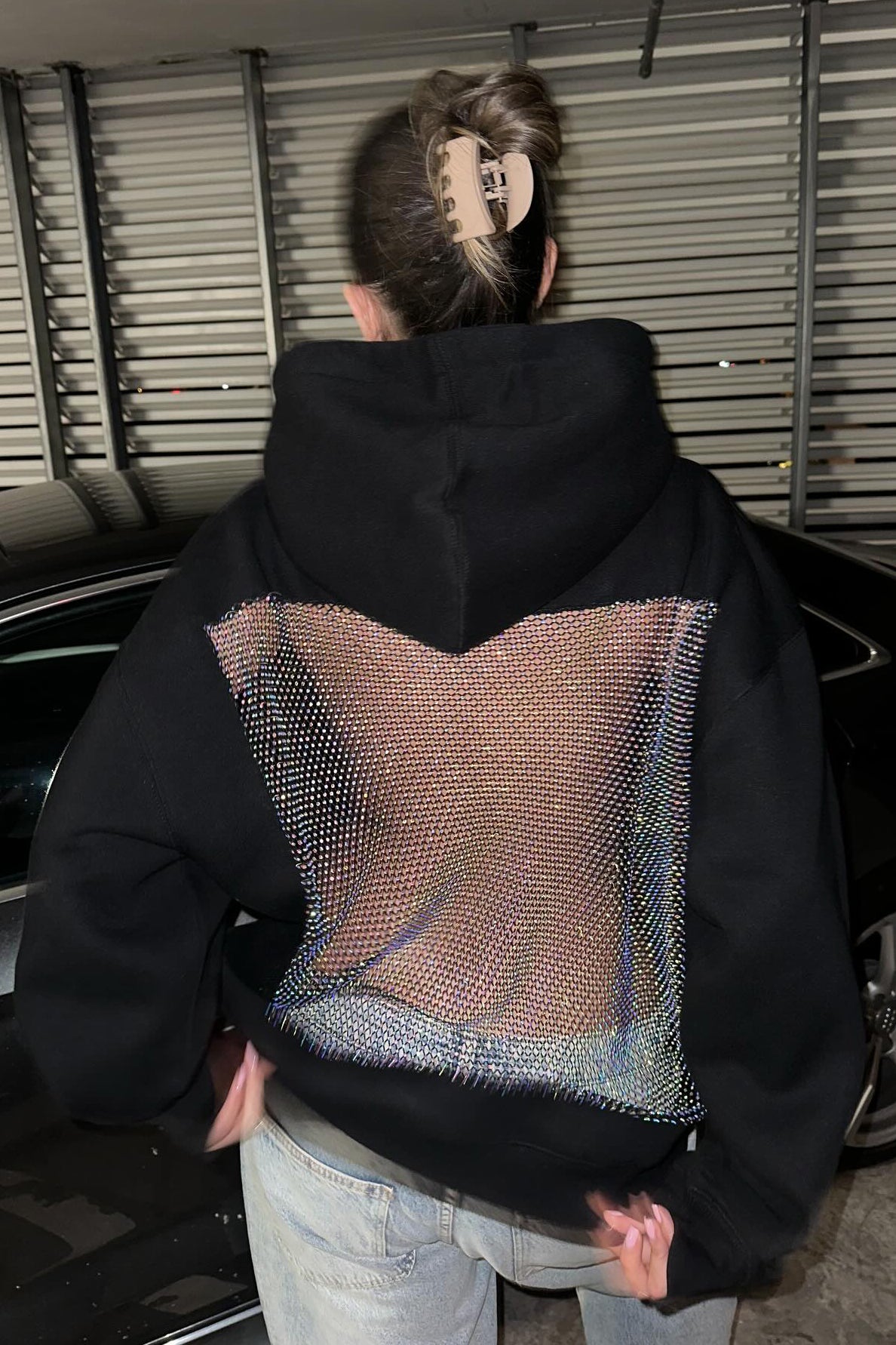 Crystal Mesh Back Hoodie - Black