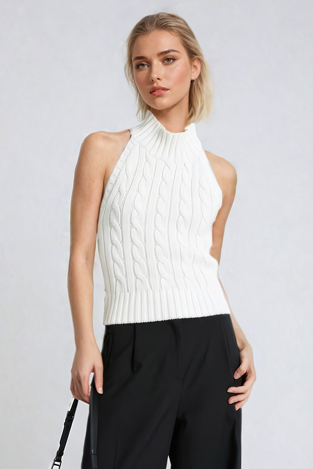 Elegant Halter Knit Top with Backless Design - White