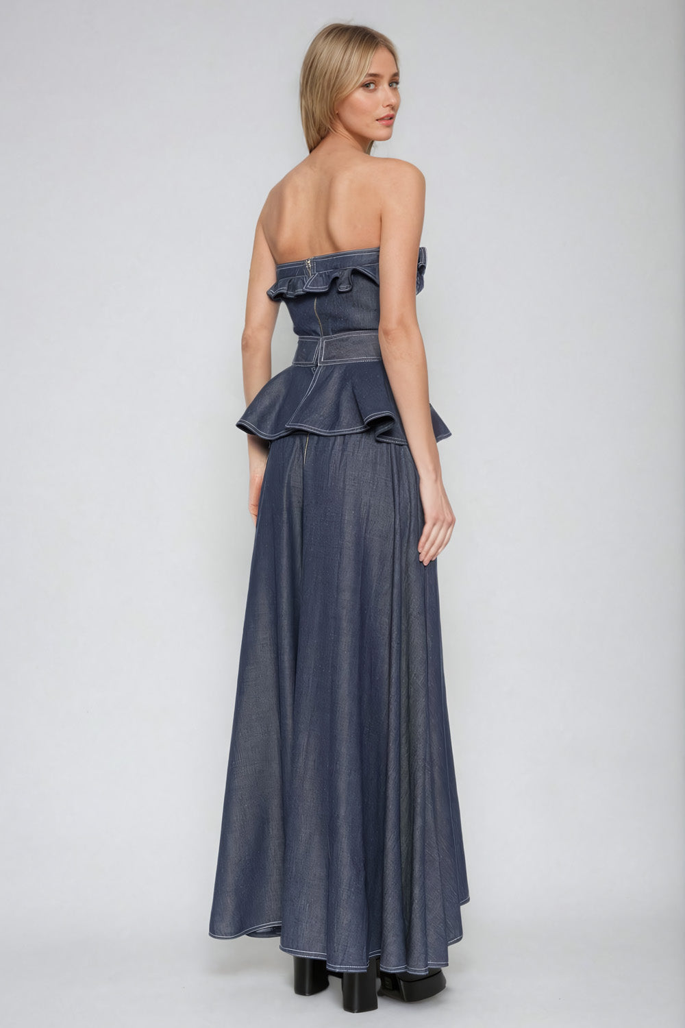 Strapless Ruffled Peplum Maxi Dress - Blue