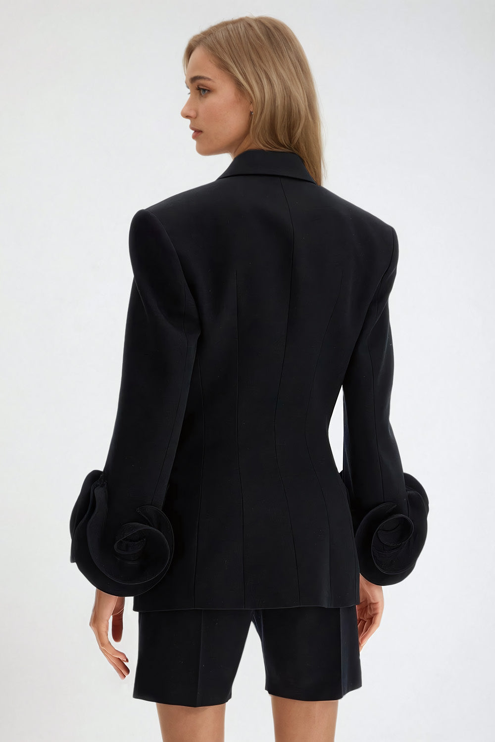 Double-Breasted Structured Blazer with Rosette Cuffs - Black