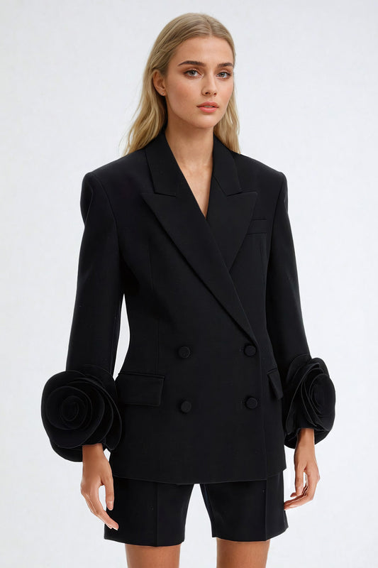 Double-Breasted Structured Blazer with Rosette Cuffs - Black