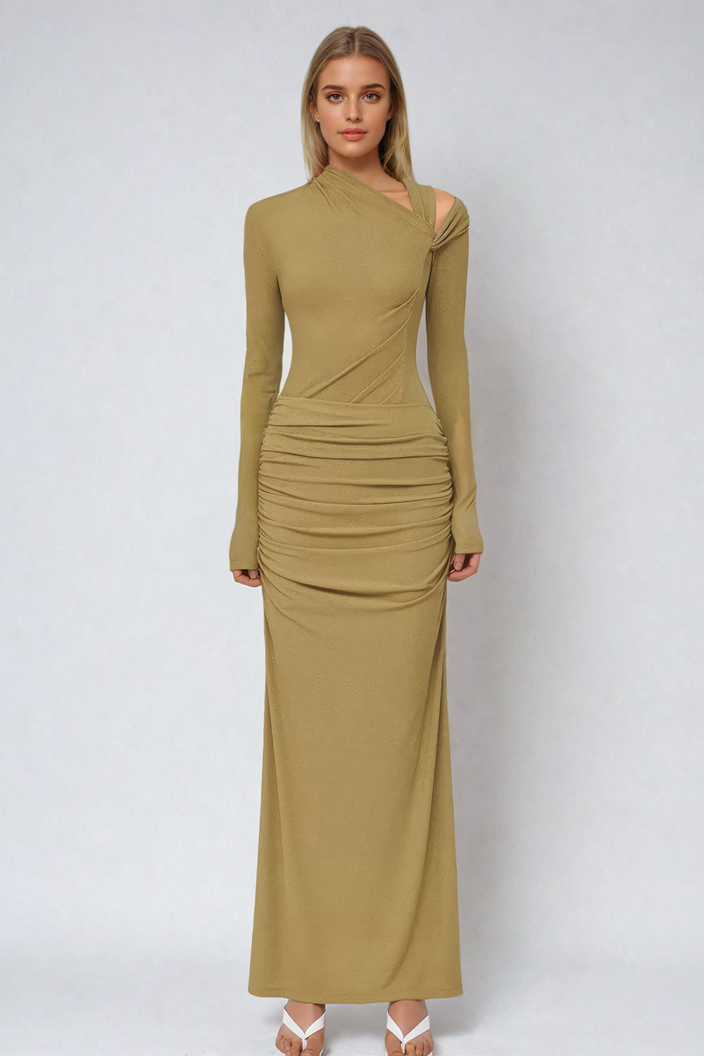 Elegant Asymmetrical Ruched Maxi Dress - Yellow