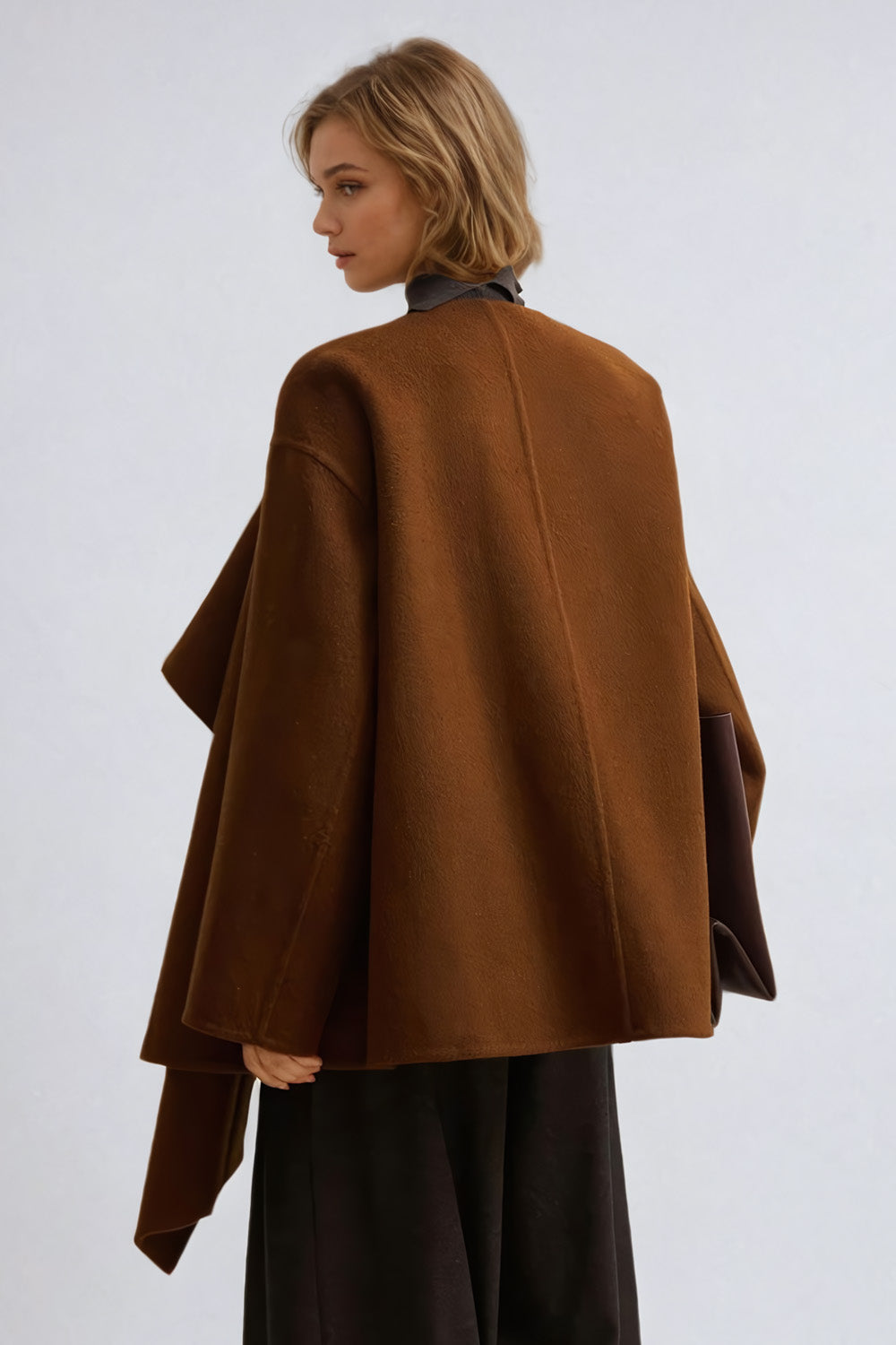 Asymmetrical Drape Coat with High Neckline - Brown