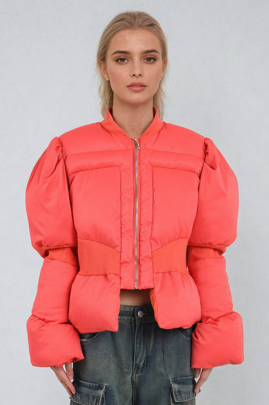 Statement Puff-Sleeve Bomber Jacket - Red