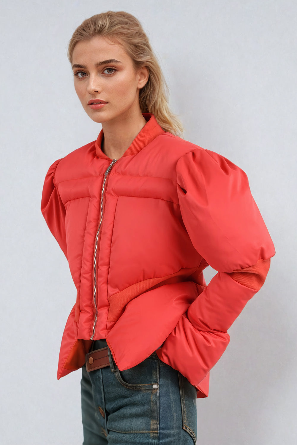 Statement Puff-Sleeve Bomber Jacket - Red