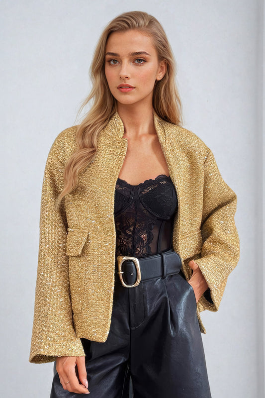 Shimmering Sequin Jacket with Stand Collar - Gold