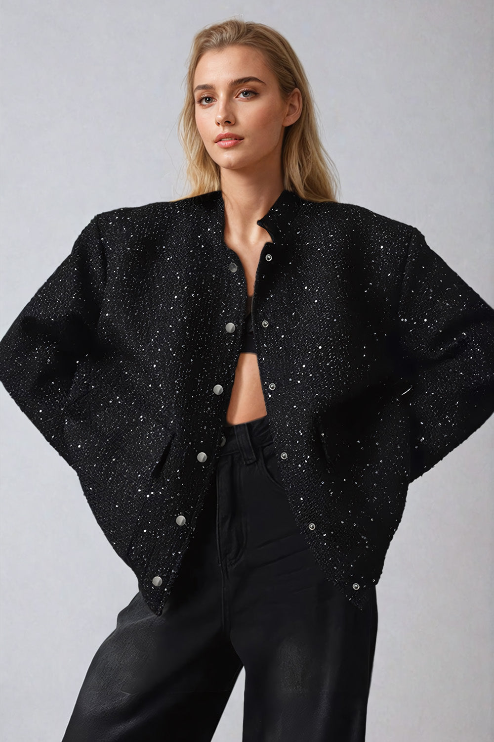 Shimmering Sequin Jacket with Stand Collar - Black