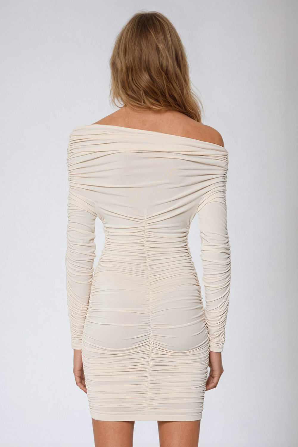 Off-the-Shoulder Ruched Bodycon Dress - Beige