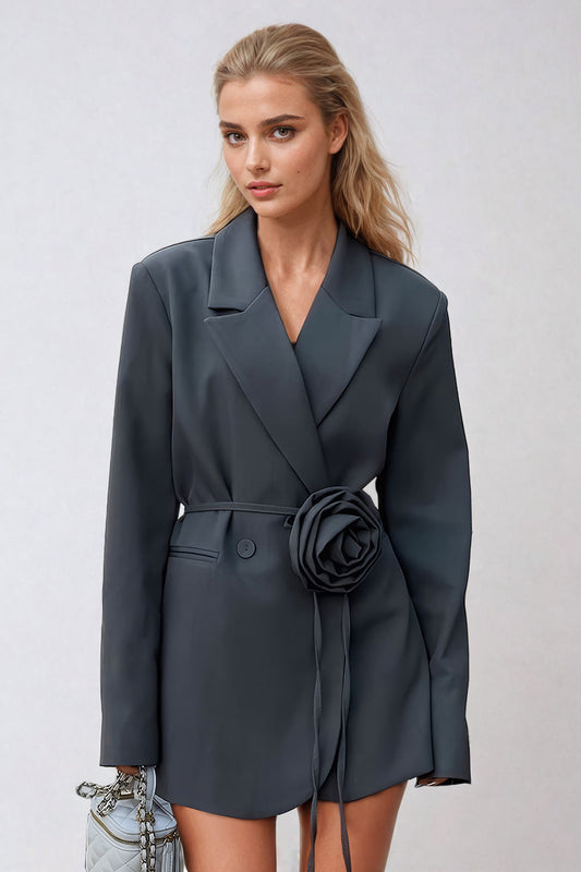 Floral Detail Belted Blazer with Notched Lapel - Gray