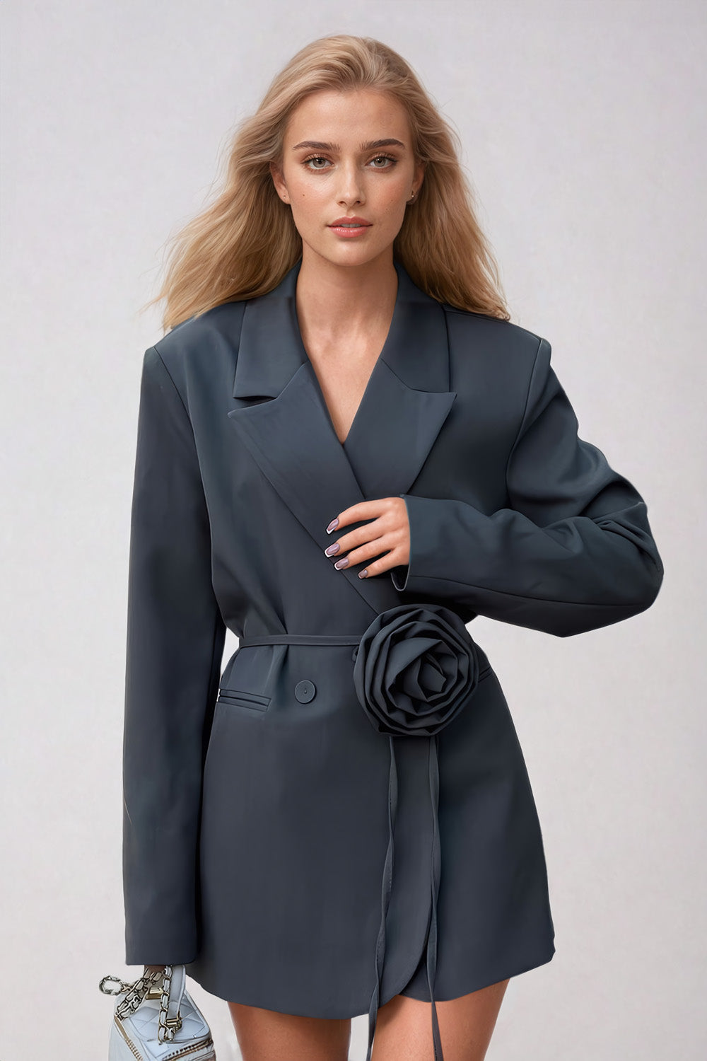 Floral Detail Belted Blazer with Notched Lapel - Gray