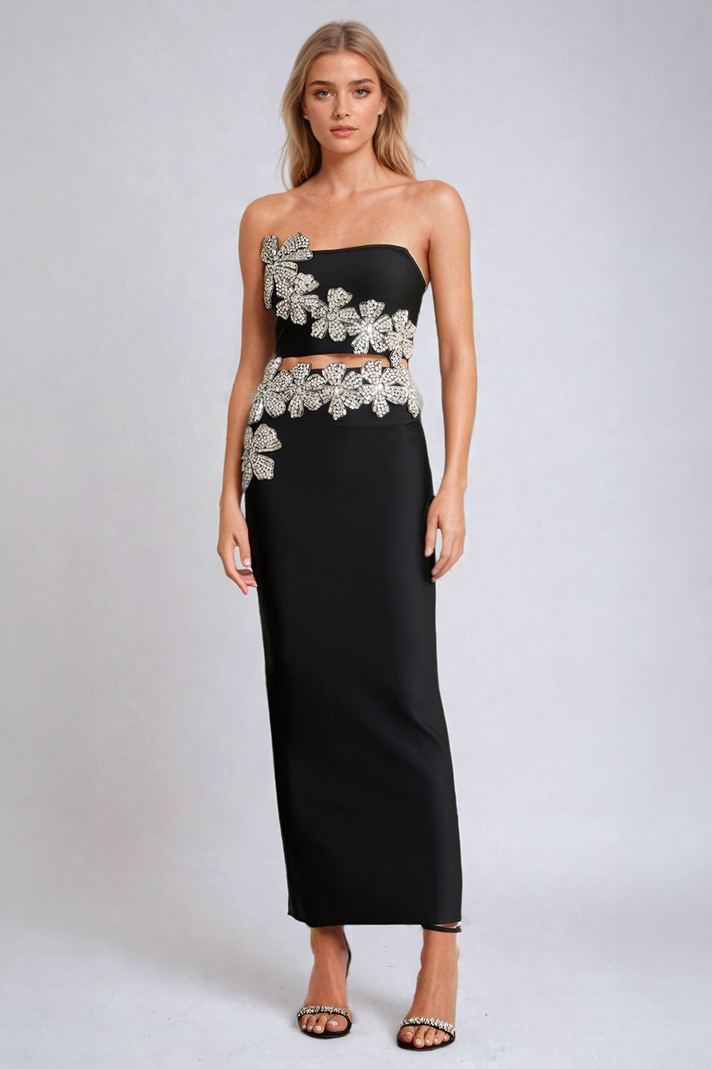 Two-Piece Set with Strapless Embellished Crop Top and Fitted Midi Skirt - Black