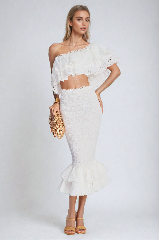 Asymmetrical Ruffle Crop Top and Ruched Midi Skirt Co-Ord Set - White