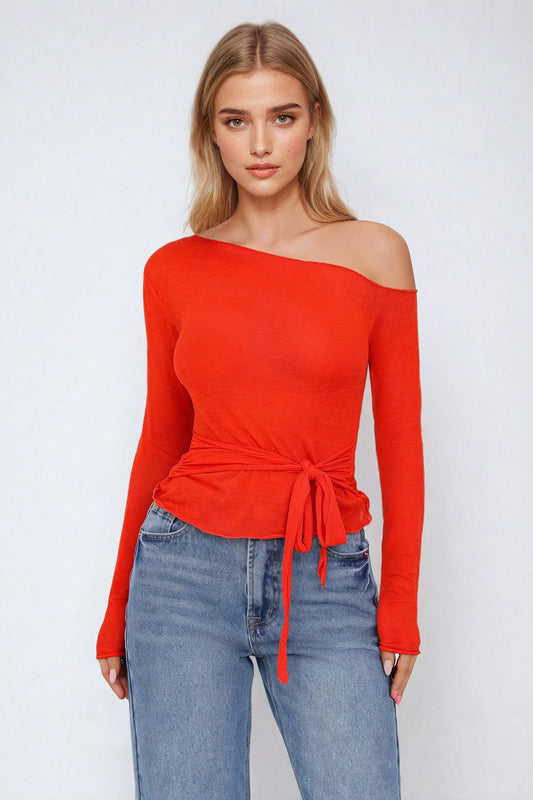 Asymmetrical Tie-Waist Long Sleeve Top - Red