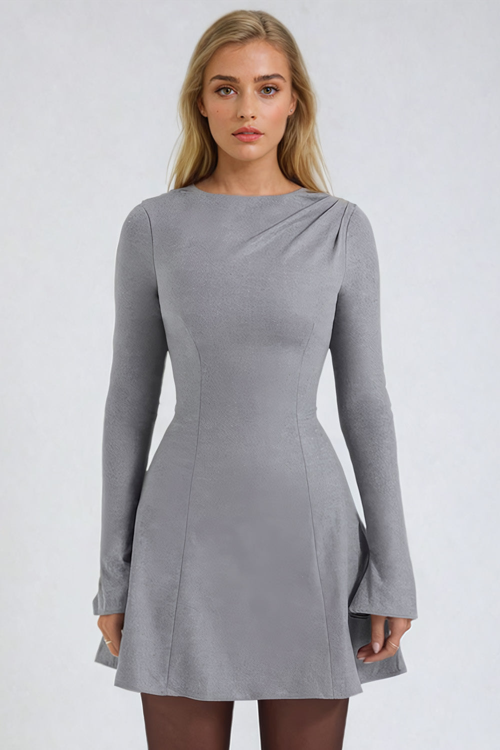 Asymmetrical Neckline Mini Dress with Flared Cuffs - Gray