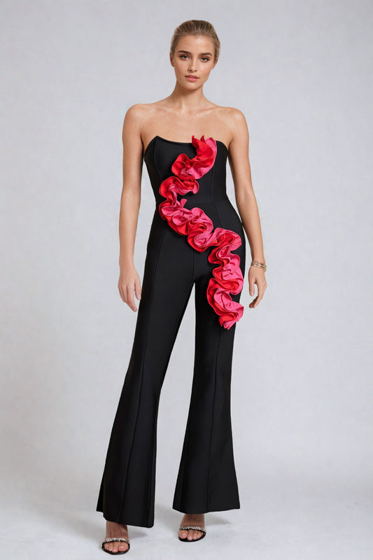 Strapless Ruffled Asymmetrical Jumpsuit - Black