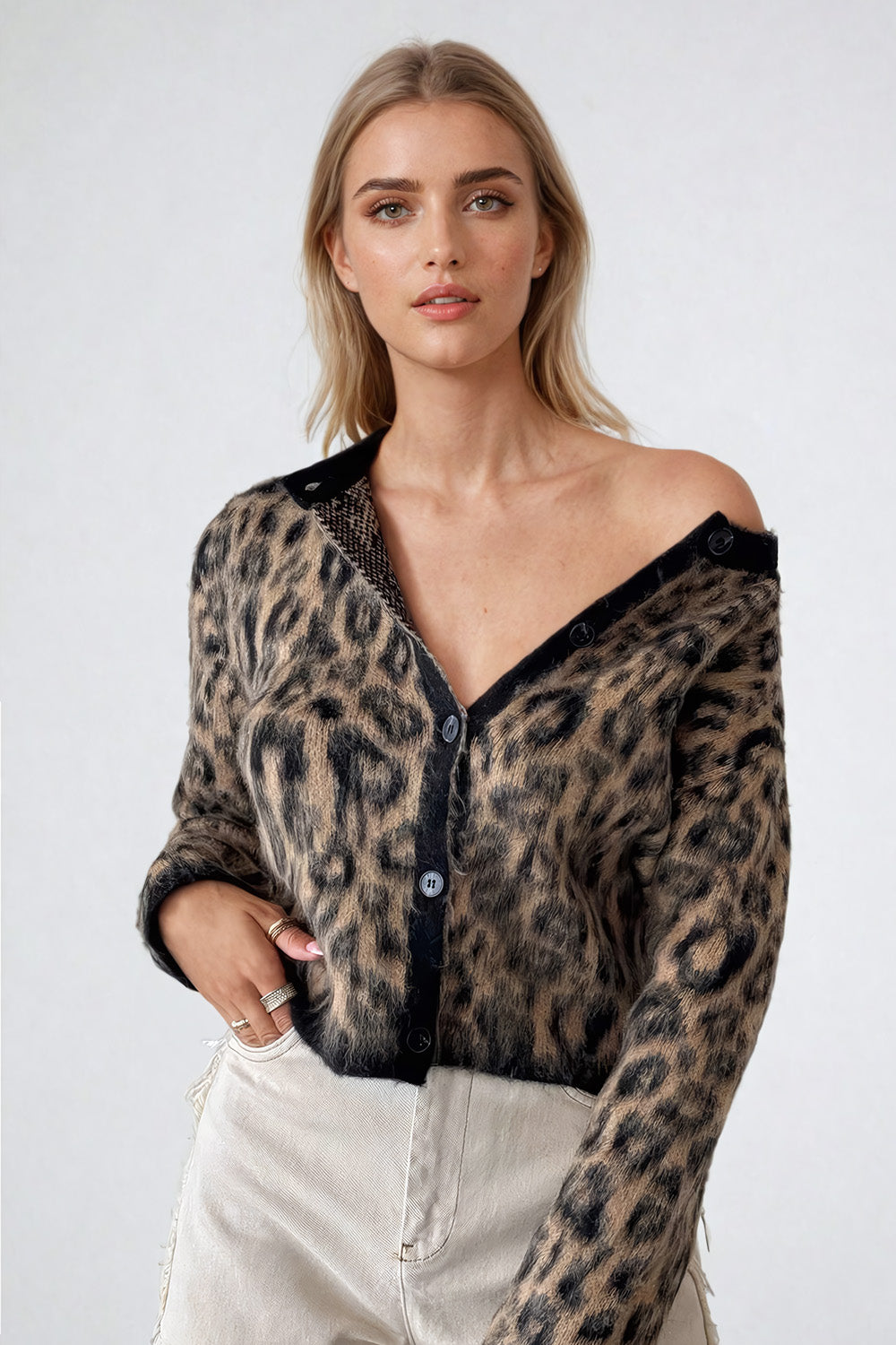 Leopard Print Button-Up Sweater - Black