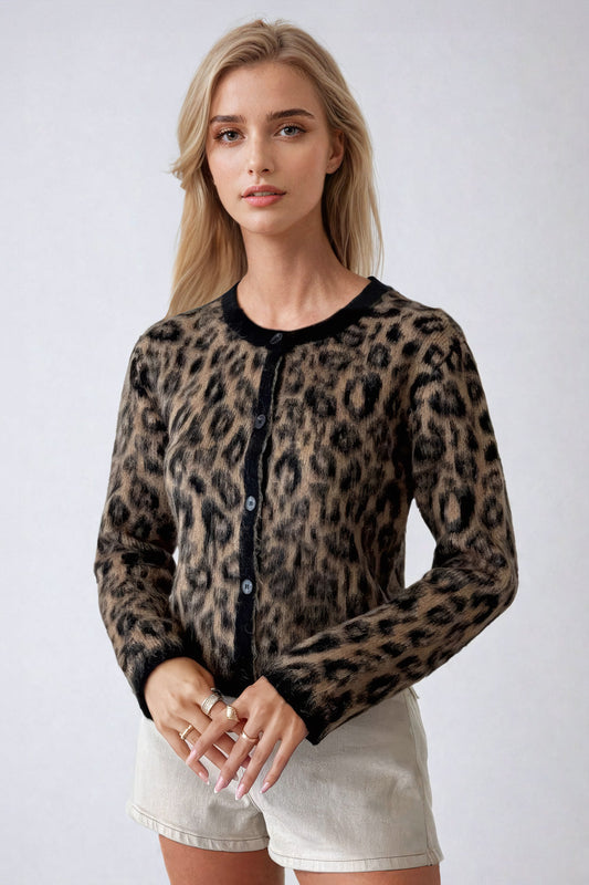 Leopard Print Button-Up Sweater - Black