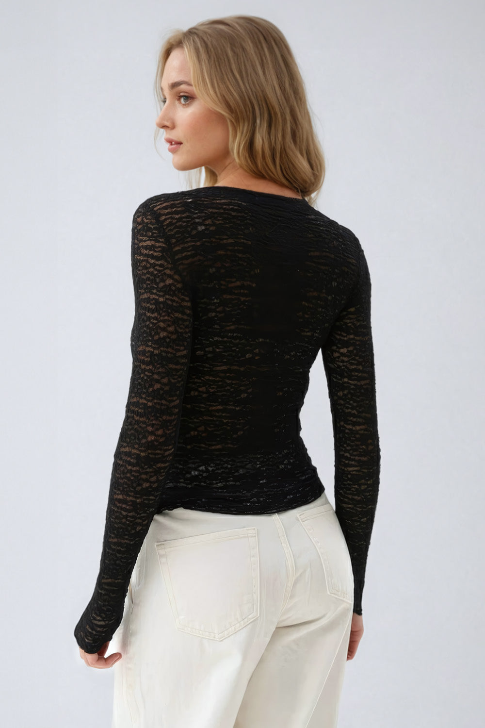 Long-Sleeve Lace Top - Black